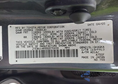 2005 Toyota 4Runner Sr5 Sport V6 из США, поврежденный, VIN JTEBU14R950070434